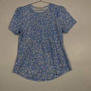 Fantaslook Shirt Womens Medium Blue Floral Short Sleeve Pleated‎ Top Stretch